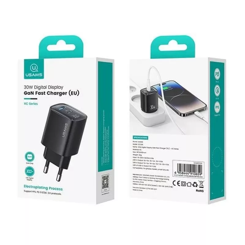 Kroviklis usams CC229 30W GaN USB-C ir USB kompaktiškas kelioninis su LED indikatoriumi