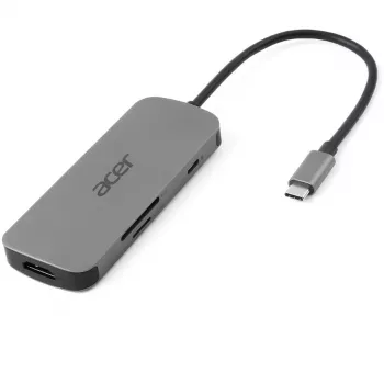 7-in-1 USB-C adapteris Acer — USB 3.2 Gen 1 Type-C, 3x USB-A, HDMI, SD/MicroSD, 100W PD, sidabrinis