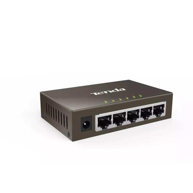 Nevaldomas komutatorius TENDA TEG1005D — 5x Gigabit RJ-45 prievadai, 10 Gbit/s perjungimo talpa, pilkas metalinis korpusas
