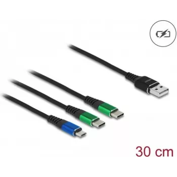 DeLOCK USB įkrovimo kabelis 3 in 1 Type-A į Micro USB / 2 x USB Type-C 30 cm