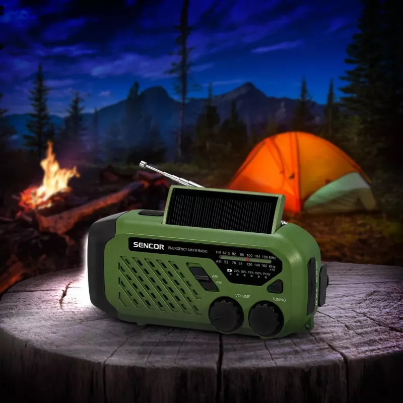 Nešiojamas FM/AM radijas SENCOR SRD1000SCLGR su Bluetooth, saulės/rankinės/ USB-C įkrovimu, 2000 mAh baterija, IPX4, LED šviesomis