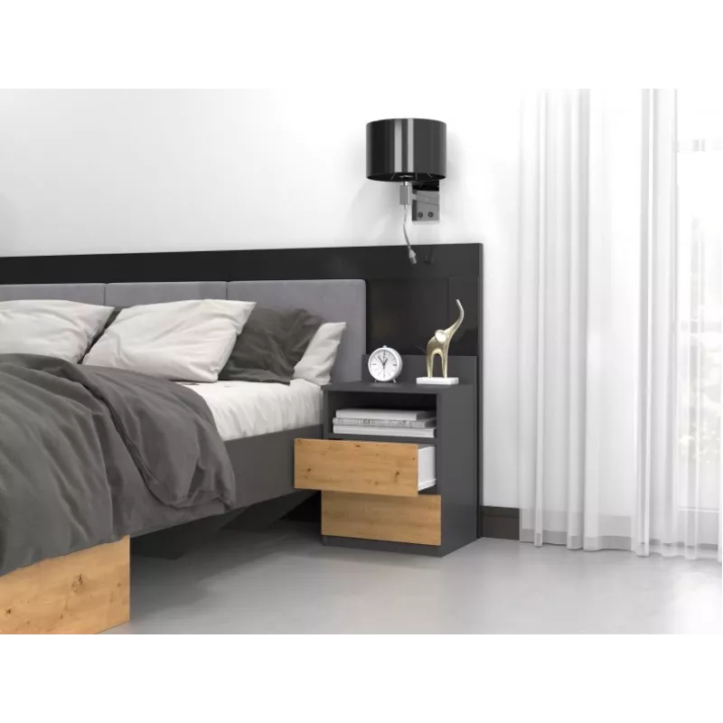 Naktinis stalelis Top e Shop M1 ANTRACYT/ARTISAN, ąžuolas, 2 stalčiai, 400×320×590 mm
