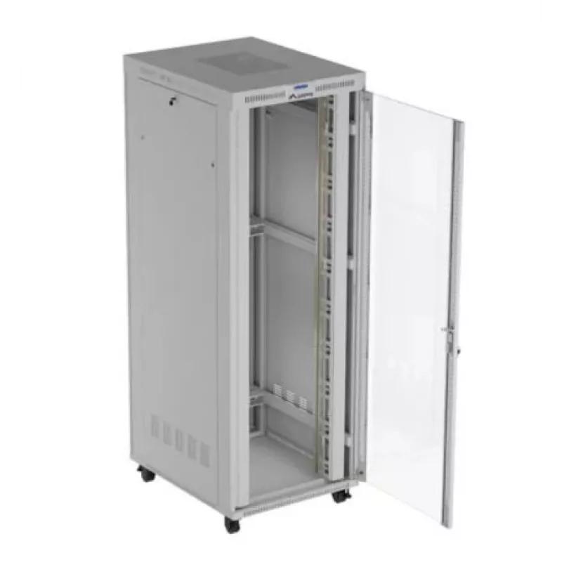 Stovimas serverinis spintos korpusas LANBERG FF01-8047-12SL 47U 800x1000 mm pilkas su priekinėmis ir galinėmis stiklinėmis durimis bei LCD skydelio vieta