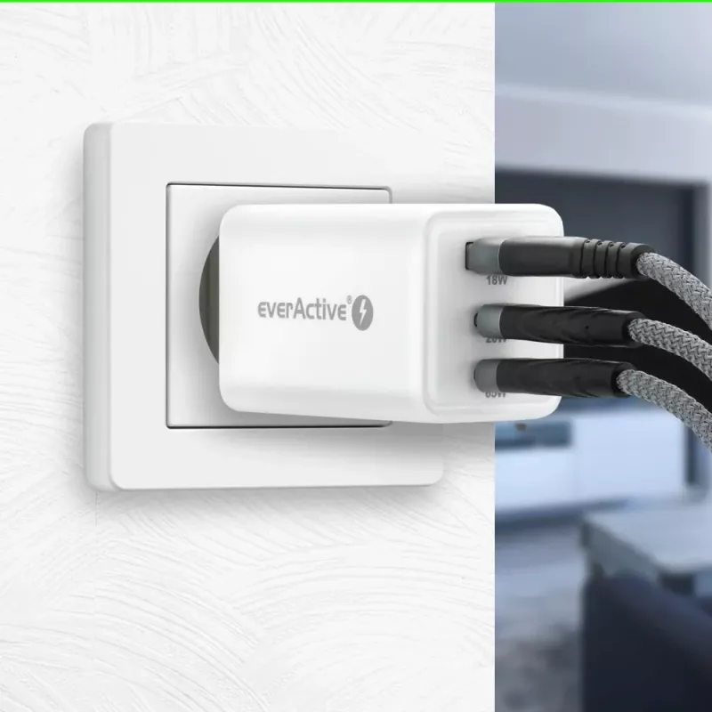 Maitinimo blokas everActive SQ-655Q 65W, 1×USB-A + 2×USB-C greitas įkrovimas