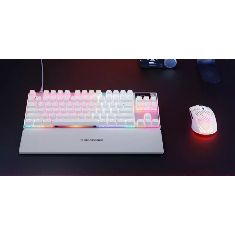 Mechaninė žaidimų klaviatūra TKL STEELSERIES Apex Pro TKL Gen 3 White — US išdėstymas, RGB, reguliuojami jungikliai