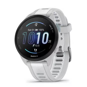 Išmanusis laikrodis GARMIN Forerunner 165 — GPS, AMOLED 1,2 colio, 4 GB, 5 ATM, 11 dienų baterija, pilkas korpusas, baltas dirželis