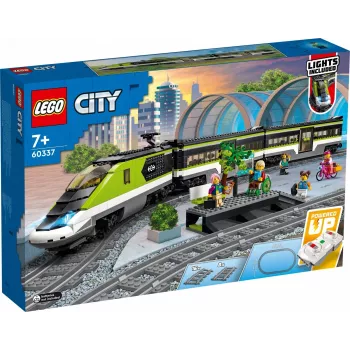 LEGO 60337 City Express keleivinis traukinys nuotolinio valdymo rinkinys su veikiančiais priekiniais žibintais, 2 vagonais ir 24 bėgių dalimis