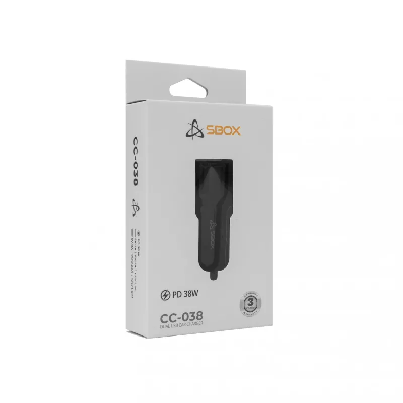 Automobilinis įkroviklis SBOX CC-038 38W Juodas – dviejų USB prievadų maitinimo adapteris transporto priemonei