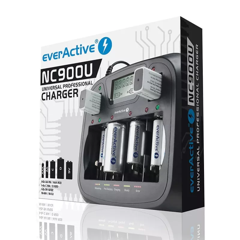 Įkroviklis baterijoms everActive NC-900U Universal DC – įkrauna AA, AAA, C, D, 9V, iki 6 elementų, juodas