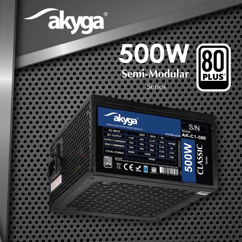 Akyga Classic AK-C1-500 ATX maitinimo blokas 500 W, 80 PLUS, aktyvus PFC, 120 mm ventiliatorius