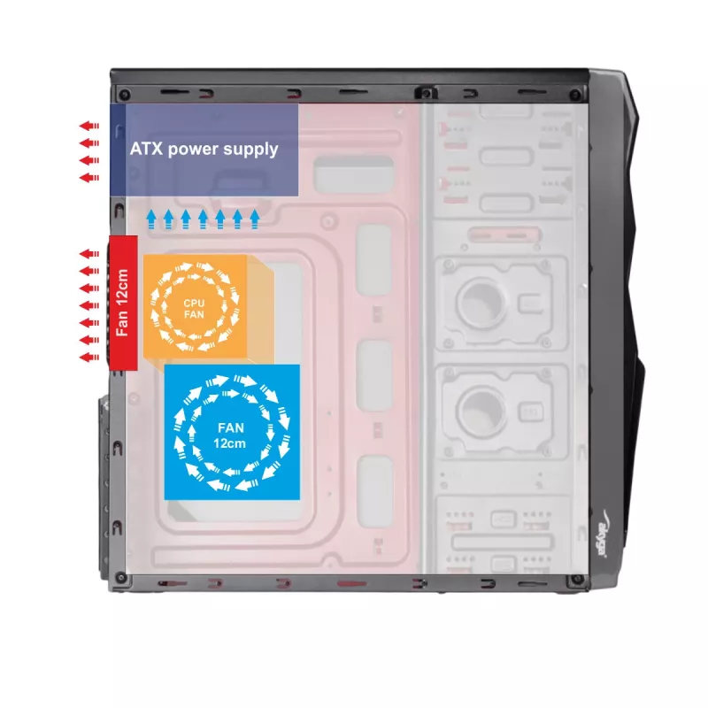 Akyga AK939BL Midi Tower kompiuterio korpusas, ATX / Micro ATX / Mini ITX, 2x USB 2.0, be maitinimo bloko, juodas