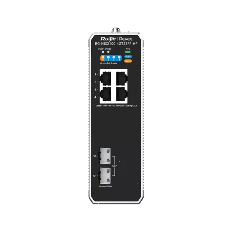 Valdomas L2 tinklo jungiklis RUIJIE RG-NIS2100-4GT2SFP-HP — 4× Gigabit RJ45, 2× SFP, PoE++ (180 W), stelažo/sienos/DIN montavimas
