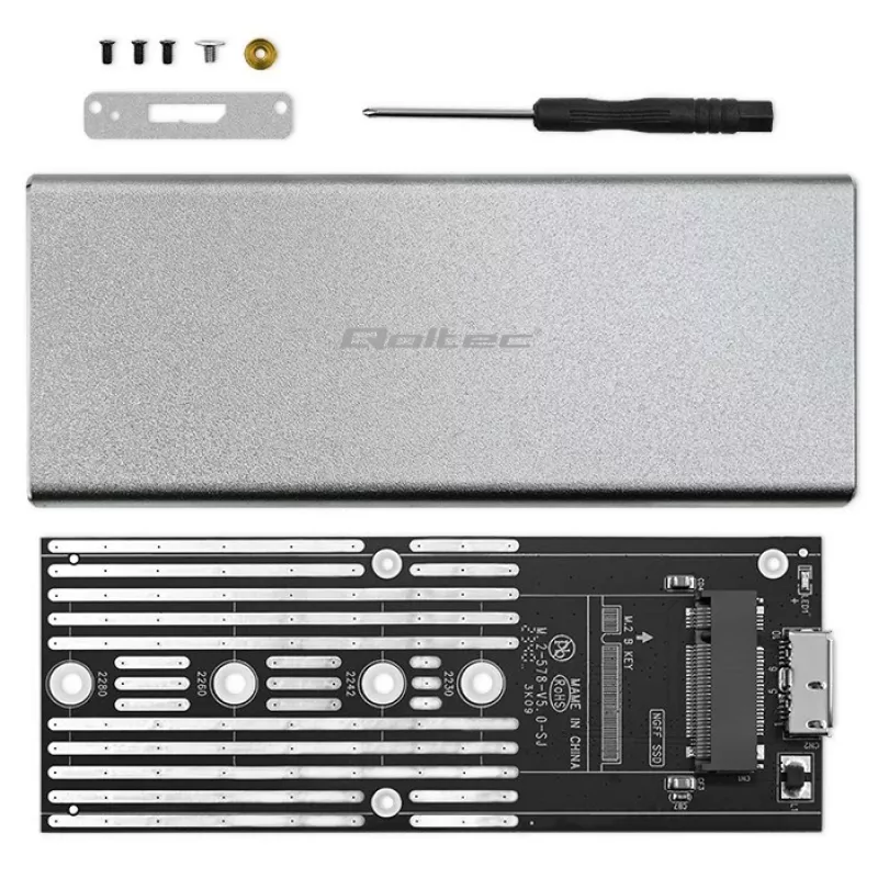 Aliumininis korpusas QOLTEC 51833, skirtas M.2 SATA SSD, SATA į USB 3.0, palaiko iki 2 TB