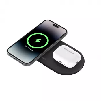 Belkin WIZ021VFBK - 2-in-1 belaidžio įkrovimo stotelė su Qi2 technologija 15 W, juoda