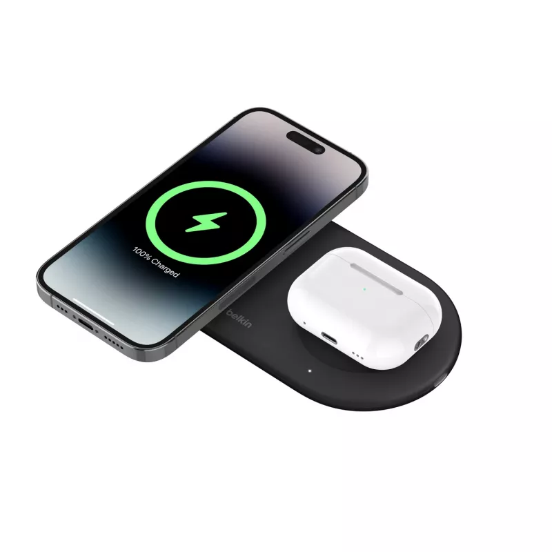 Belkin WIZ021VFBK - 2-in-1 belaidžio įkrovimo stotelė su Qi2 technologija 15 W, juoda
