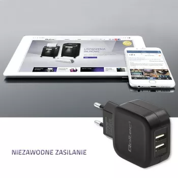 AC sieninis įkroviklis QOLTEC 50186 išmaniajam telefonui ir planšetei, 5 V 3,4 A, 17 W, 2× USB, juodas