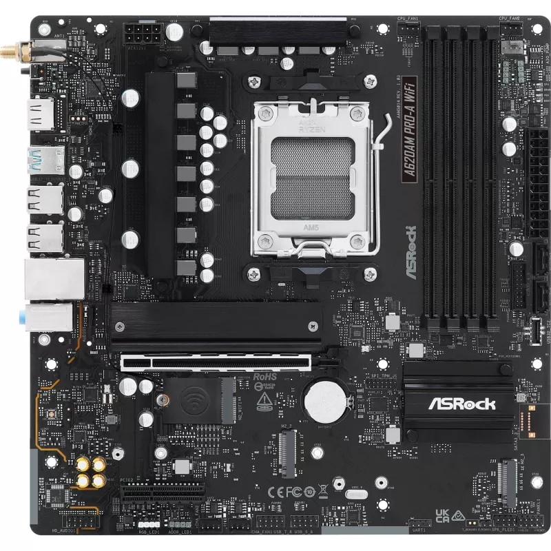 Motininė plokštė ASRock A620AM Pro-A WiFi AM5 mATX — AMD A620, lizdas AM5, DDR5 iki 256 GB, Wi‑Fi 6E, 2.5Gb LAN, HDMI 2.1