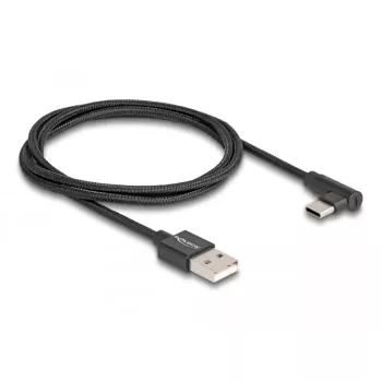 USB 2.0 laidas, USB-A kištukas > USB-C kištukas (juodas, 1 m, pintas, 90° kampu)