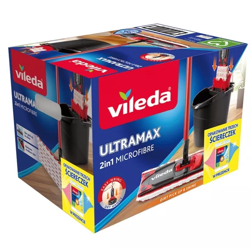 Grindų šluota VILEDA Ultramax BOX 177453 su keičiama mikropluošto galvute, gręžimo kibiru, 3 skalbiamomis šluostėmis, juoda