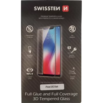 Grūdintas 3D pilno klijavimo ekrano apsauginis stiklas SWISSTEN, skirtas iPhone X/XS – juodas, viso paviršiaus danga