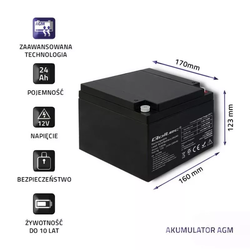 Qoltec 53036 AGM baterija | 12V | 24Ah | max 360A