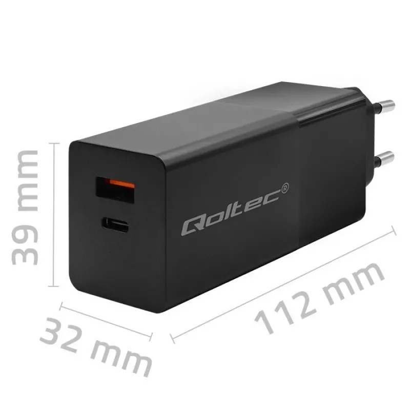 Qoltec 52382 GaN POWER PRO įkroviklis | 1x USB Type-C | 1x USB-A | 100W | 5-20V | 1.5-5A | PD | Juodas