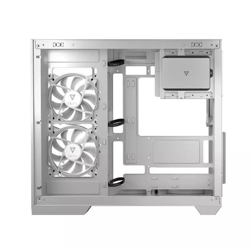 Korpusas MODECOM Volcano Panorama Midi Tower baltas – micro ATX, grūdintas stiklas, ARGB, USB-C, palaiko GPU iki 400 mm