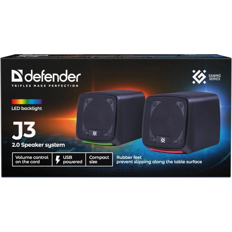 Kompiuteriniai garsiakalbiai DEFENDER J3 2.0 6W LED USB, 2×3W RMS, 90–20000 Hz, 3,5 mm, juodi