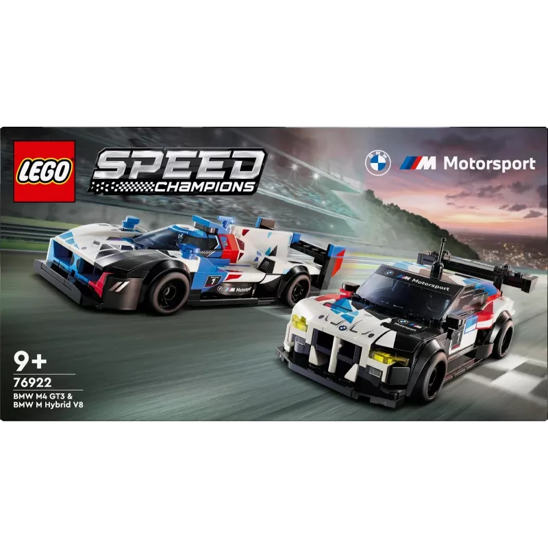 LEGO Speed Champions BMW M4 GT3 ir BMW M Hybrid V8 lenktyninių automobilių konstruktorius 9+ metų vaikams su 2 vairuotojų minifigūrėlėmis