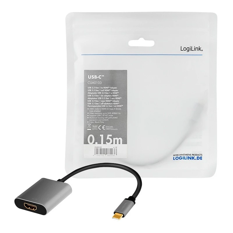 LogiLink CUA0103 USB 3.2 Gen1 Type-C į HDMI-A laidas 0,15 m juodai pilkas