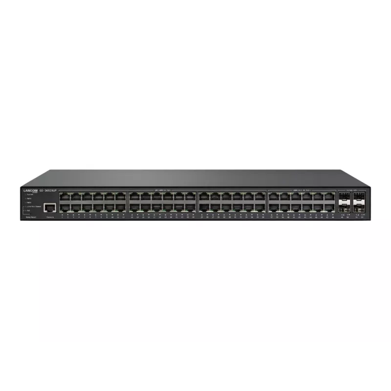 LANCOM GS-3652XUP – valdomas jungiklis – 12 x 100/1000/2,5G (PoE++) + 36 x 10/100/1000 (PoE+) + 4 x 1 Gb / 10 Gb SFP+ – stalinis, montuojamas į stelažą – PoE++ (820 W)