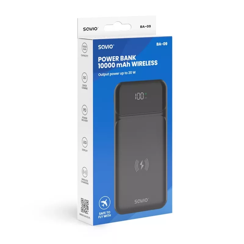 Savio BA-09 10000 mAh belaidis įkroviklis (LiPo) juodas