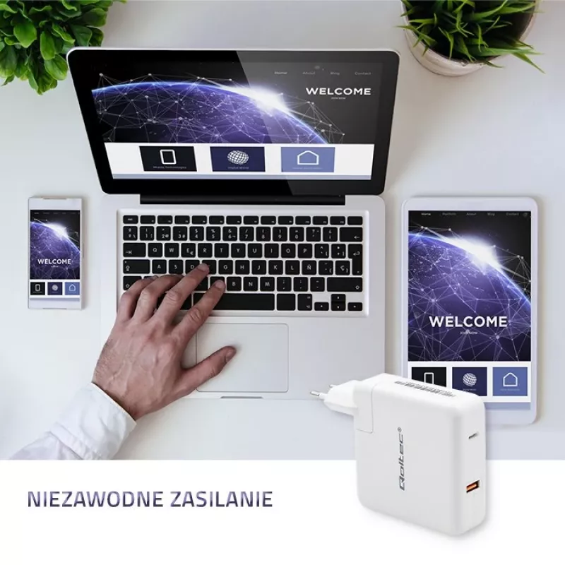 Qoltec GaN Charger FAST 108W | 5-20V | 3-4.7A | USB C | Baltas