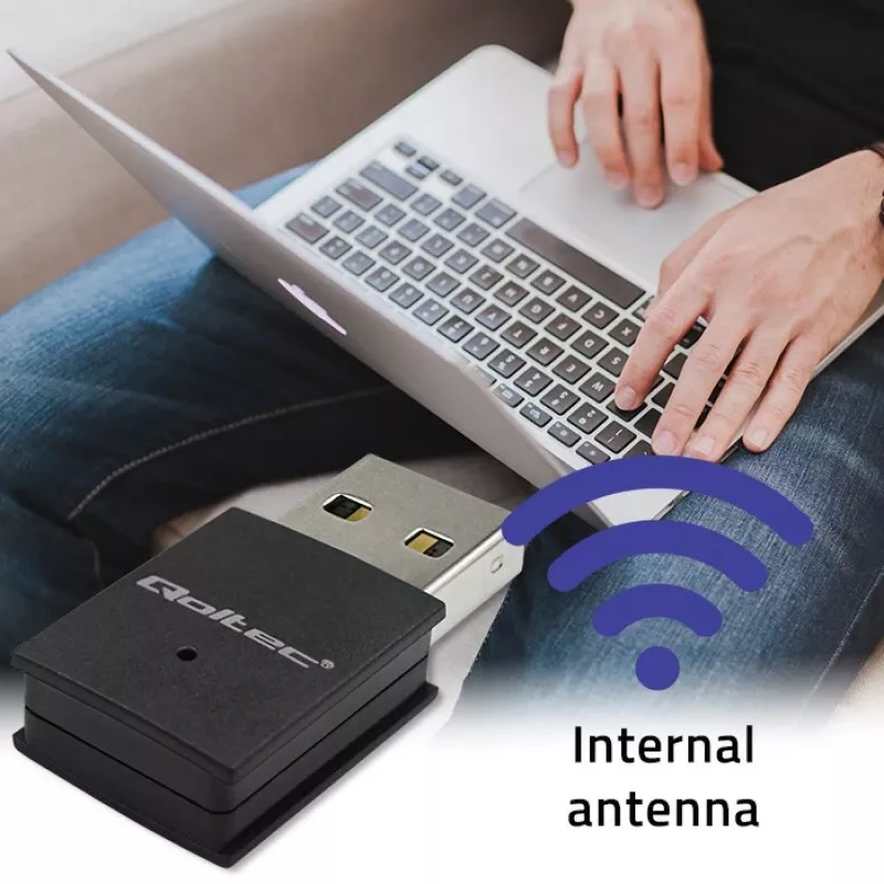 Belaidis Mini USB Wi-Fi adapteris QOLTEC 57007 – vienos juostos 2,4 GHz, iki 150 Mbps, vidinė antena