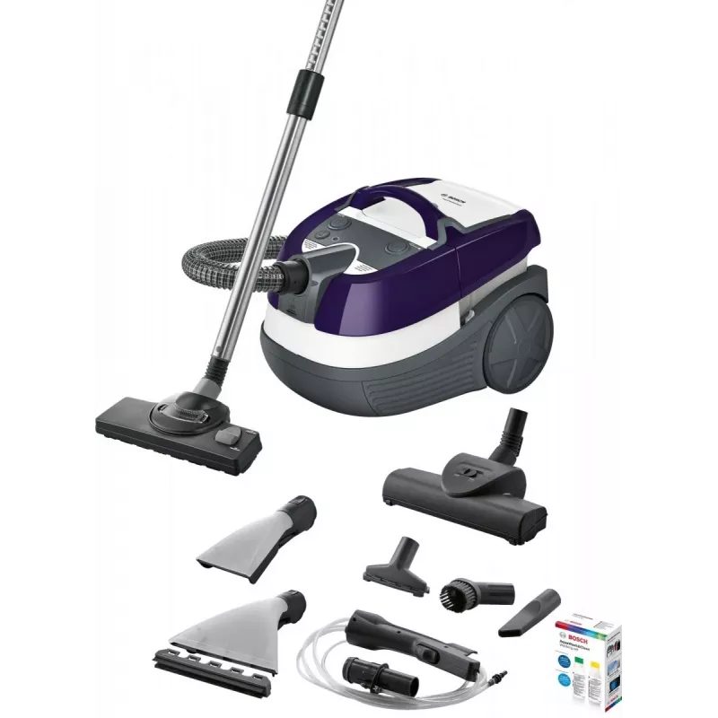 Šlapio ir sauso valymo siurblys Bosch BWD 41740 AquaWash&Clean — 1700 W, 5 L talpa, EPA filtras, teleskopinis vamzdis, 9 m spindulys, violetinė