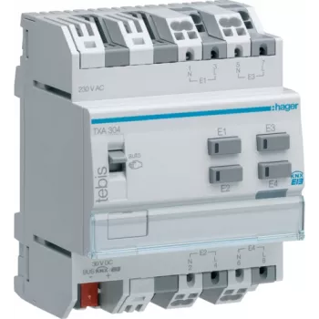 Skaitmeninis/analoginis I/O modulis Hager TXA304 – 4 skaitmeniniai įėjimai, 21–32 V DC, iki 230 V, 50–60 Hz