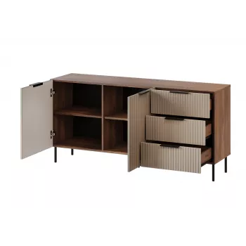Komoda Cama Meble ALMERA 156×42×75 cm, riešutas/kreminė, 3 stalčiai, medžio drožlių plokštė