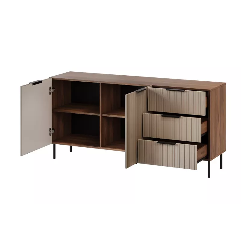Komoda Cama Meble ALMERA 156×42×75 cm, riešutas/kreminė, 3 stalčiai, medžio drožlių plokštė