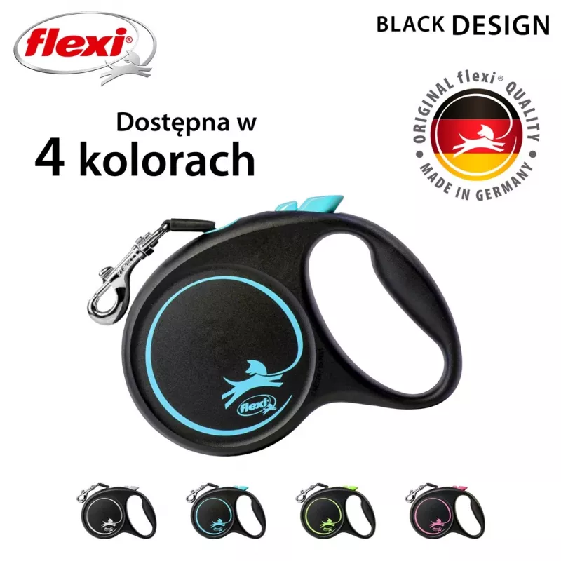 Flexi Black Design M atsitraukiantis šuns pavadėlis, juodo dizaino, 5 m juostos tipas, maks. apkrova 25 kg, ergonomiška rankena