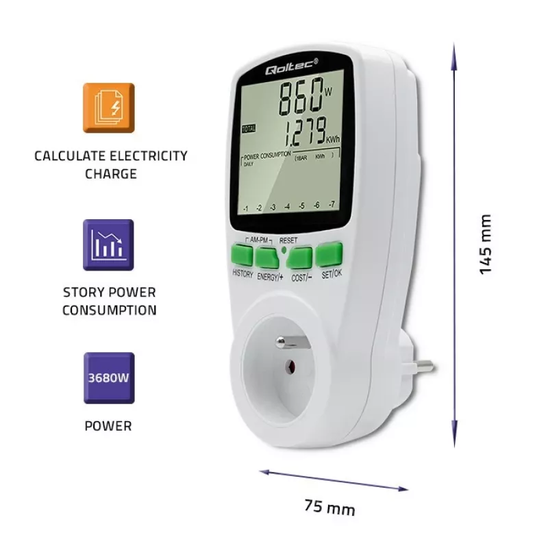 Energijos matuoklis QOLTEC PM0627 3680W su istorija