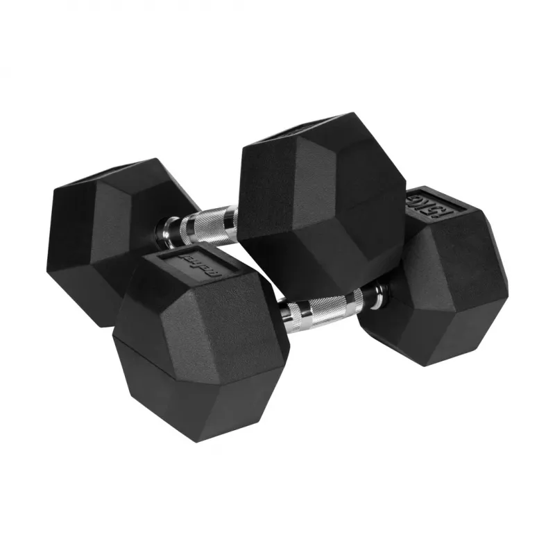 Vienas hantelis Rebel Active Hex su gumine danga 15 kg – šešiakampis, kompaktiška rankena