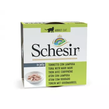 Šlapias kačių ėdalas Agras Pet Foods SCHESIR Tunas su mahi mahi drebučiuose, 85 g skardinė, 12,5 % baltymų, 1 % riebalų, 85 % drėgmės