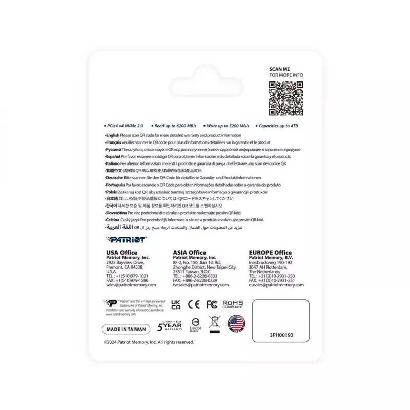 Kietojo disko PATRIOT P400 V4 4 TB M.2 NVMe (4000 GB, M.2, Juoda)