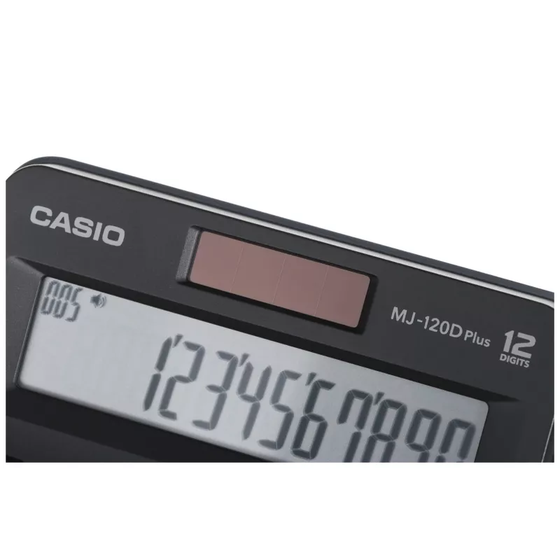 Stalinis skaičiuotuvas CASIO MJ-120D PLUS – 12 skaitmenų, baterija/saulė, 35 klavišai, mokesčių ir kvadratinės šaknies funkcijos, juodas