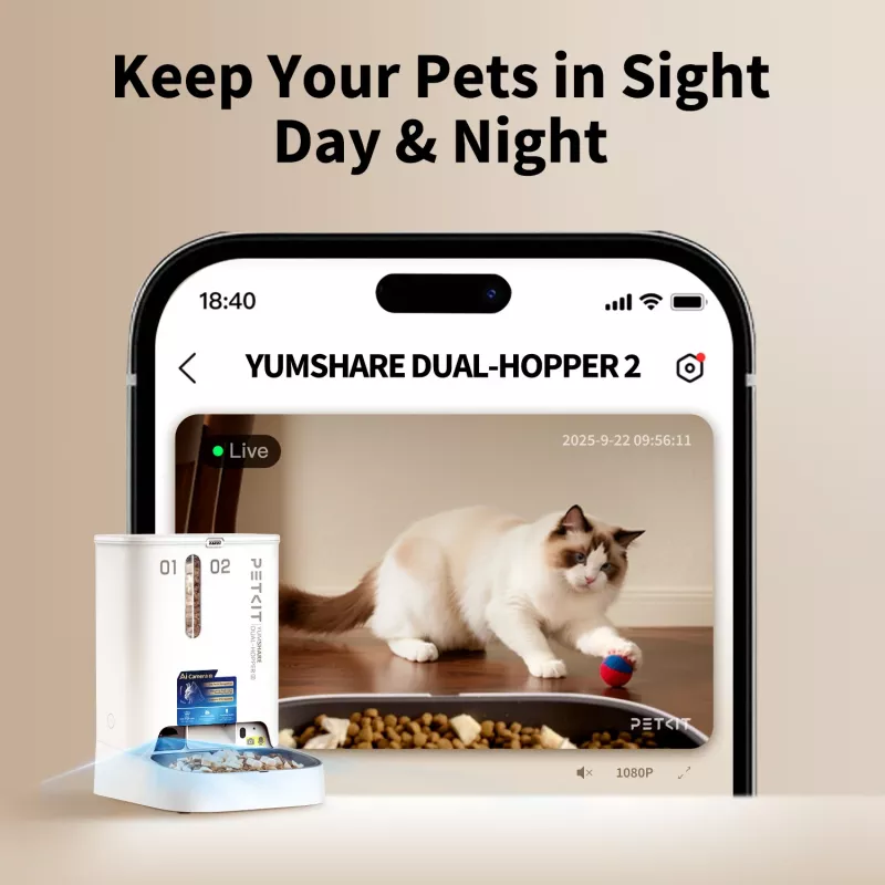Automatinis ėdalo dalytuvas PETKIT YumShare Dual-hopper 2 su kamera, 5 L talpa, ABS ir 304 nerūdijančiu plienu, baltas