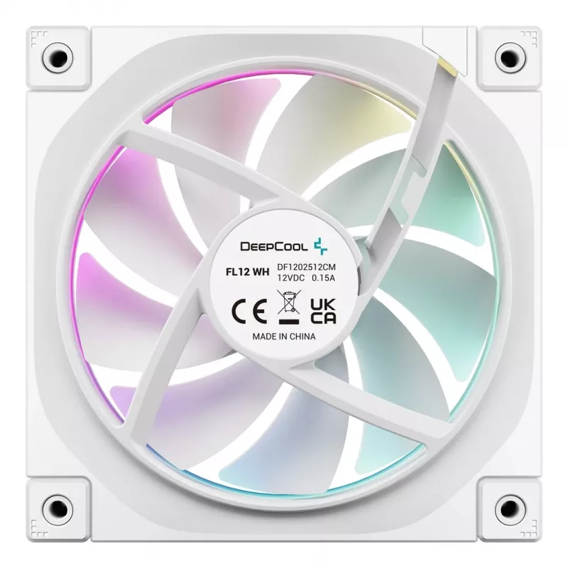 12 cm korpuso ventiliatorius DeepCool FL12 WH — 3 vnt. rinkinys, 120×120×25 mm, 2150 RPM, 55 CFM, Fluid Dynamic Bearing, PWM, kelių spalvų LED, 4 kontaktų
