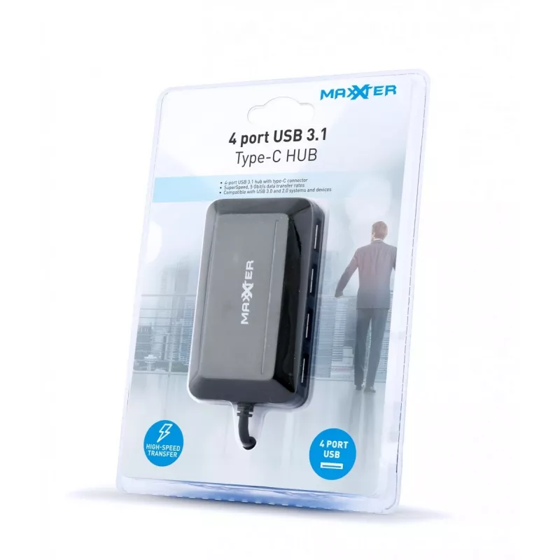 USB šakotuvas GEMBIRD ACT-HUB3C-4P — USB 3.2 Gen 1 Type-A į 4 × USB 3.2 Gen 1 Type-C, 5000 Mbit/s, juodas