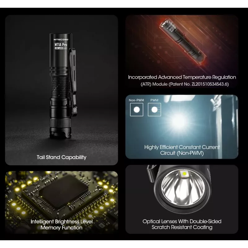 Kišeninis žibintuvėlis Nitecore MT1A Pro – LED 50 lm, USB įkraunamas, 1100 mAh, aliuminis, vandeniui atsparus, smūgiams atsparus, juodas