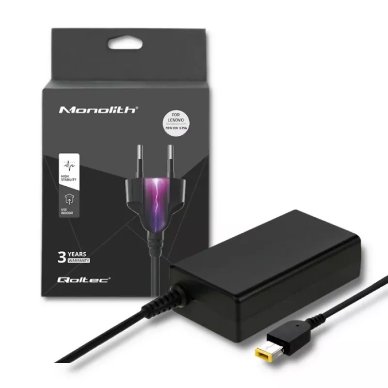 Maitinimo adapteris QOLTEC 51556 vidinis 65W, skirtas Lenovo nešiojamiesiems kompiuteriams, 20V 3,25A, juodas