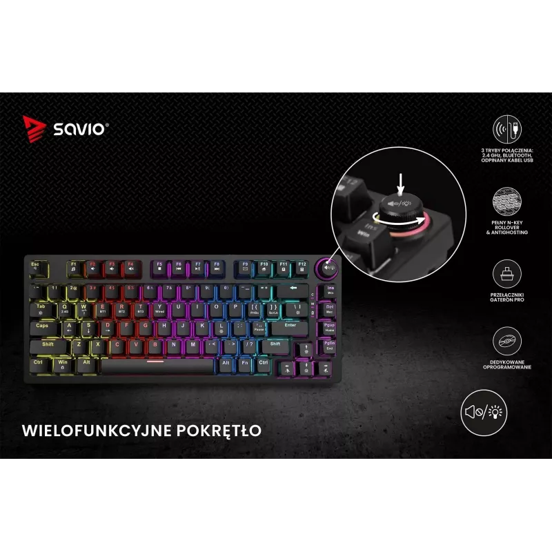 Savo Phenix SAVGK-RED mechaninė klaviatūra žaidimams 75% Gateron Pro RGB belaidė RF Bluetooth USB QWERTY